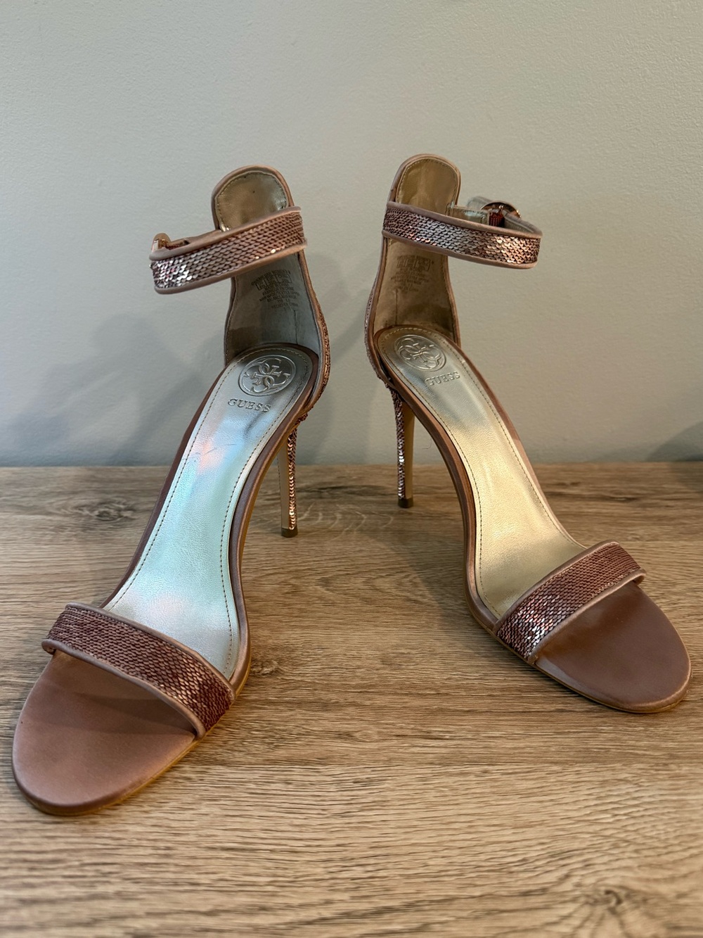 Guess Metallic Rosegold Ankle-Strap Stiletto Sandals